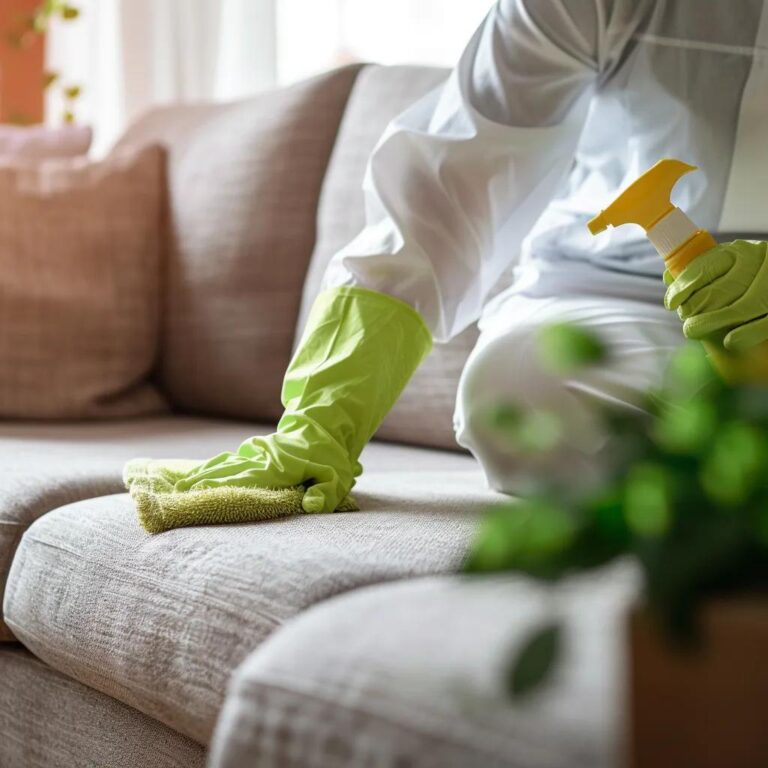 Technician using eco-friendly cleaning products on a sofa, emphasizing green cleaning solutions