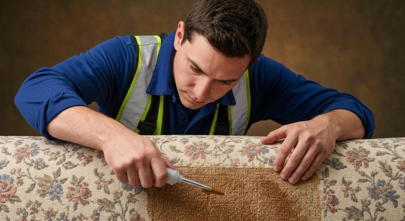 Zellar Cleaning technician meticulously analyzing upholstery fabric and applying plant-based pre-treatment
