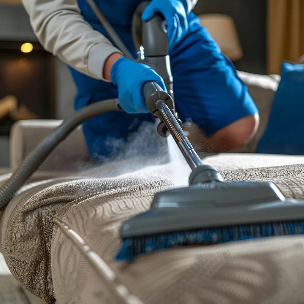 Professional cleaner using steam cleaning equipment on upholstery, demonstrating advanced techniques for allergen and bacteria removal