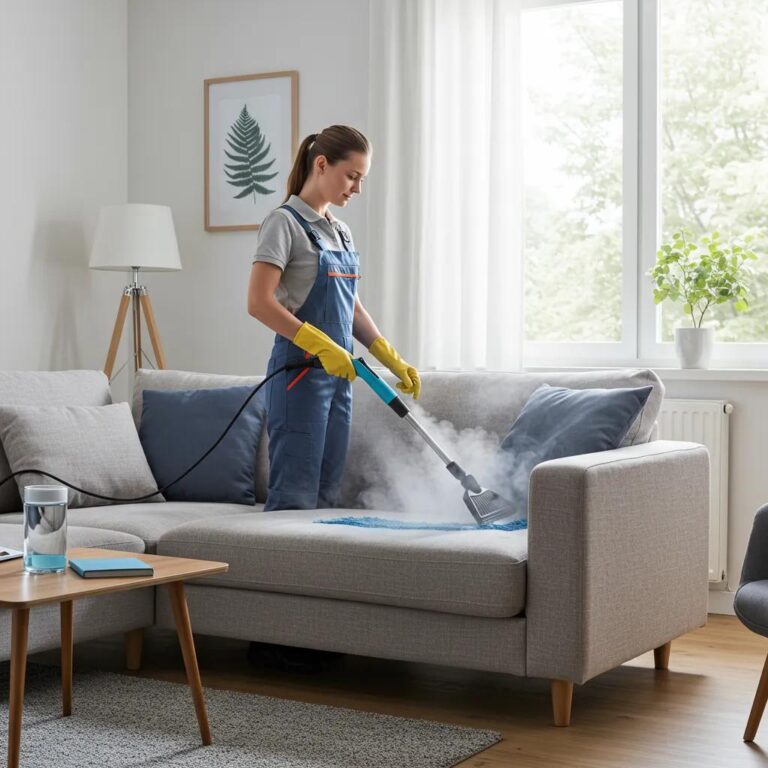 Professional upholstery cleaning in a bright living room with a technician using a steam cleaner on a sofa