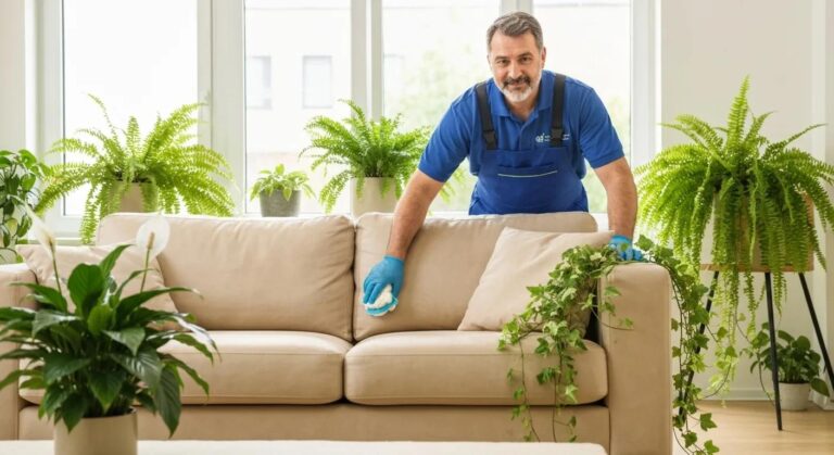 Professional cleaner revitalizing a living room sofa with eco-friendly solutions, surrounded by lush greenery