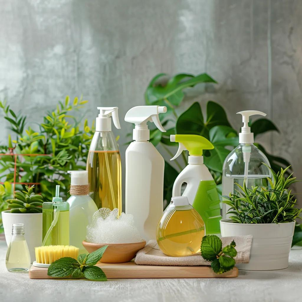 Eco-friendly cleaning products displayed on a countertop, highlighting their safety for families and pets