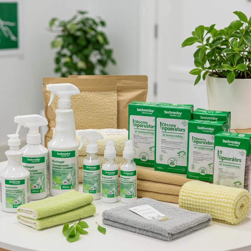 Eco-friendly upholstery cleaning products displayed on a table, highlighting sustainable cleaning solutions