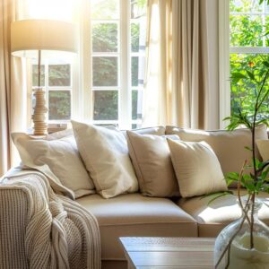 Freshly cleaned sofa in a bright living room, emphasizing the benefits of deep upholstery cleaning for health and air quality
