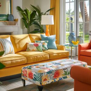 Freshly cleaned upholstery in a bright Miami living room, showcasing a sofa, chairs, and a mattress