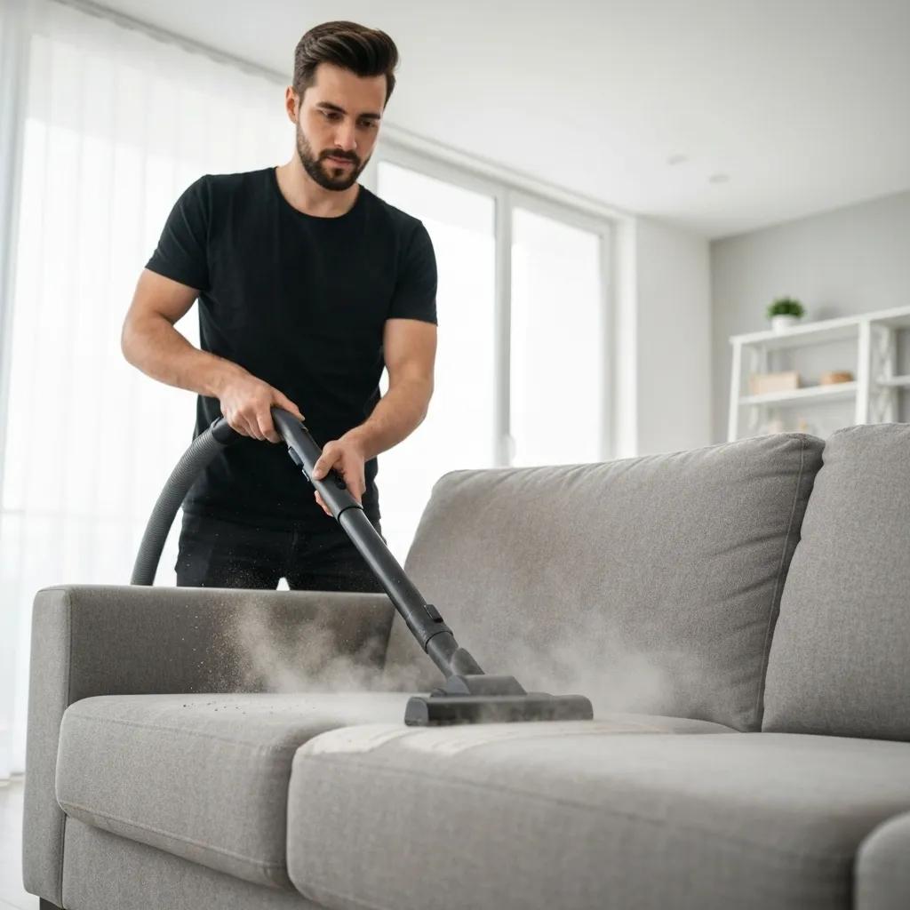 Person vacuuming upholstery with a specialized attachment in a modern living room