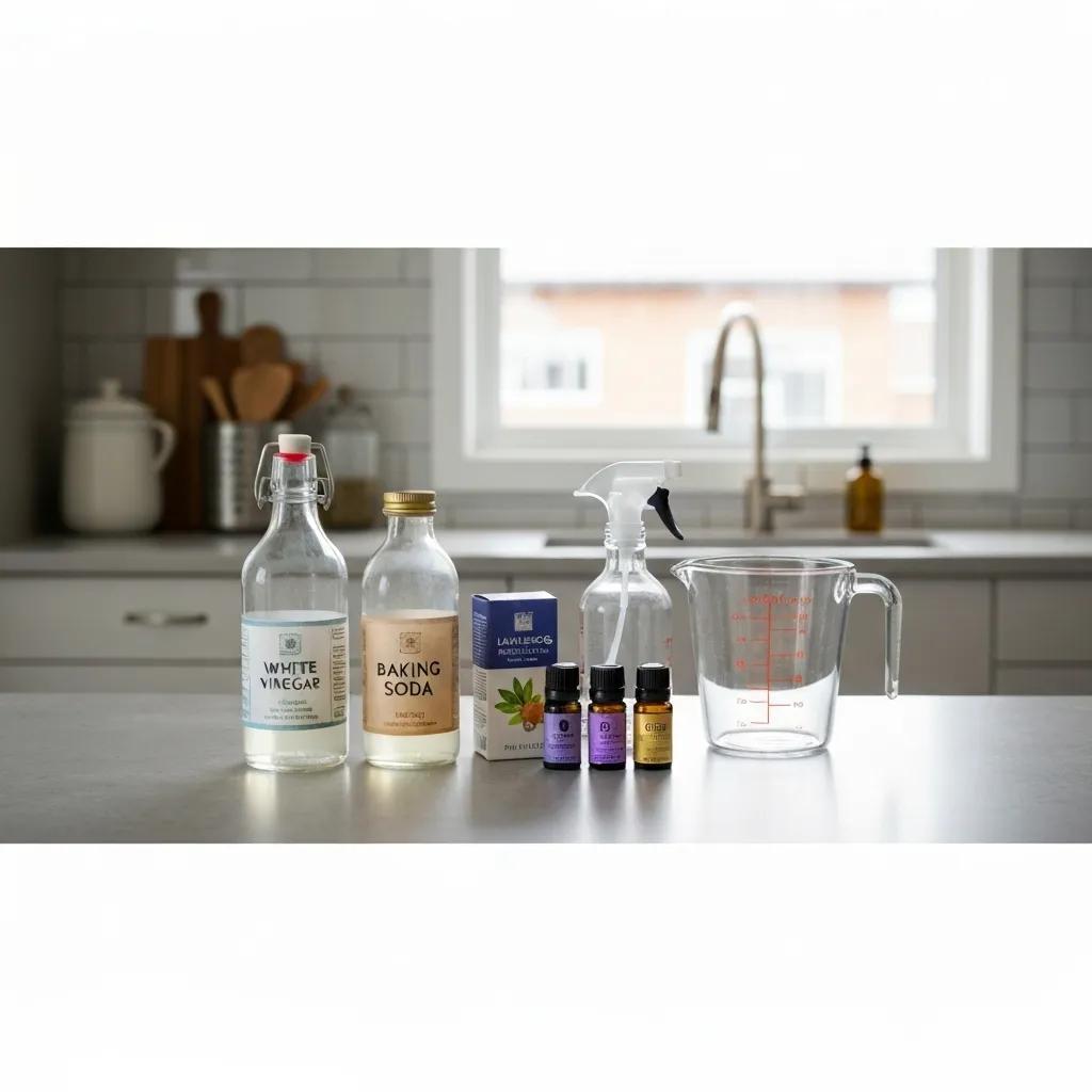 Natural cleaning ingredients for DIY upholstery cleaning solutions on a kitchen counter