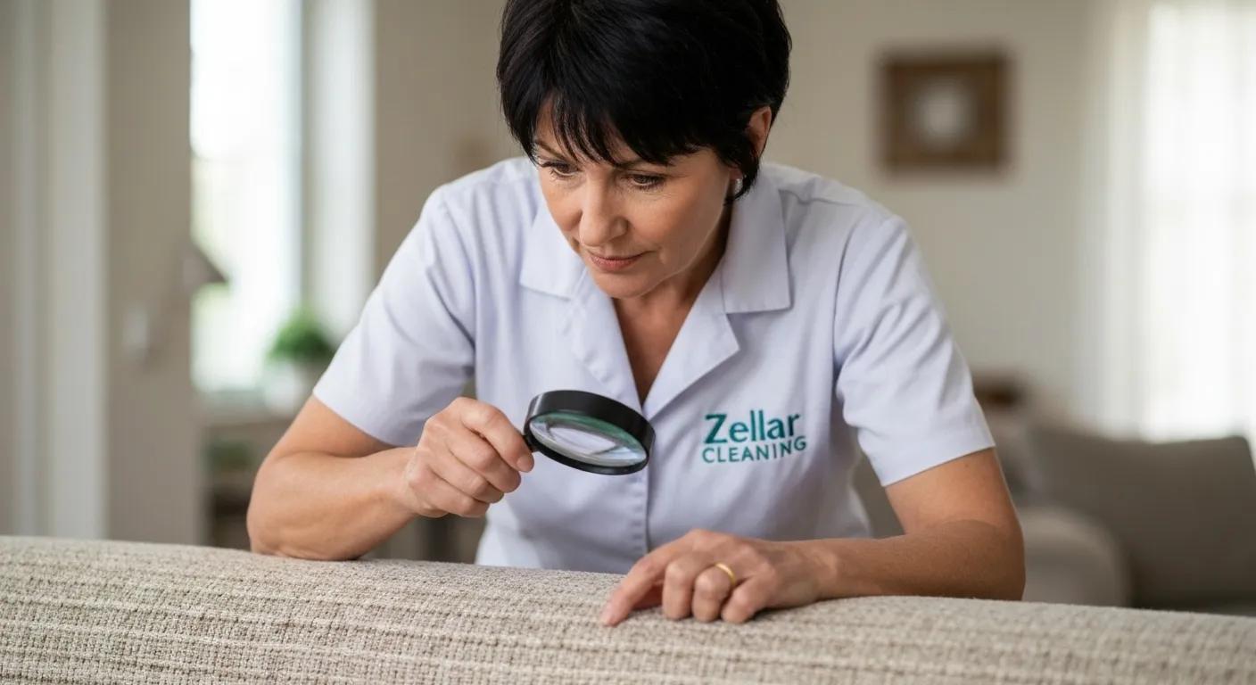 A Zellar Cleaning technician carefully examining upholstery fabric to determine the best eco-friendly cleaning approach.