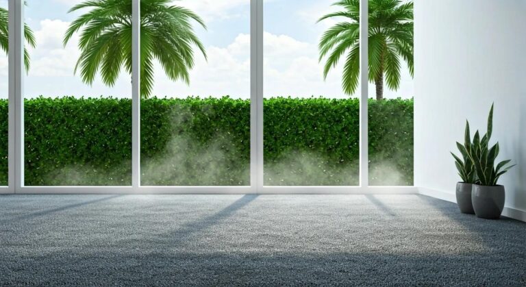 A bright, modern Miami living room with large windows and natural sunlight, featuring a freshly cleaned plush carpet, a subtle steam effect rising to suggest recent deep cleaning, and vibrant tropical plants in the background. The space feels clean, fresh, and inviting — showcasing the results of professional carpet restoration