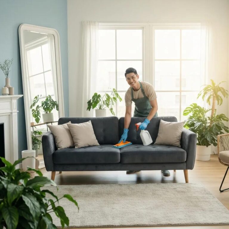 Professional upholstery cleaning in a bright living room with eco-friendly products