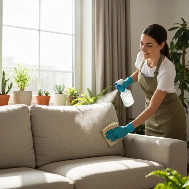 A bright, airy Miami living room featuring immaculately clean upholstery, bathed in natural light and adorned with lush green plants.