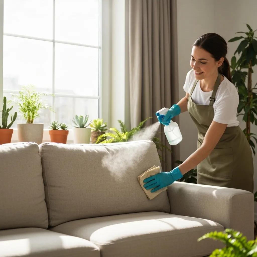 A bright, airy Miami living room featuring immaculately clean upholstery, bathed in natural light and adorned with lush green plants.