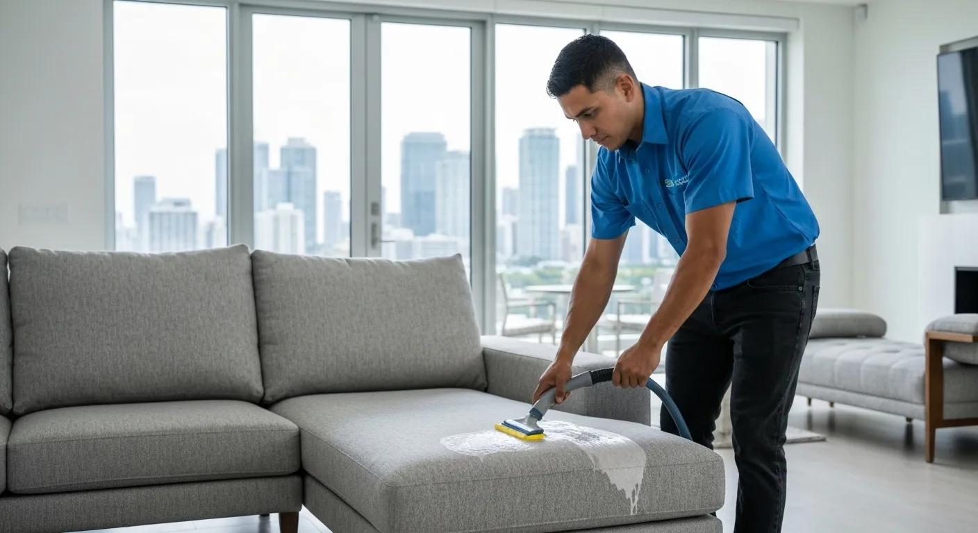 A professional technician applying eco-friendly cleaning solutions to upholstery in a modern Miami home