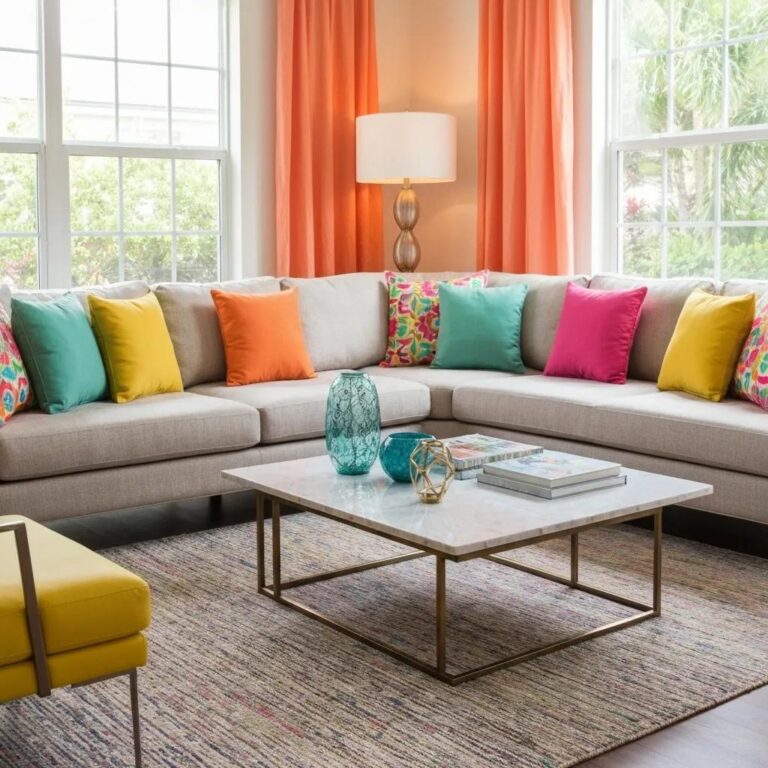 A vibrant Miami living room showcasing immaculately cleaned upholstery, radiating comfort and style