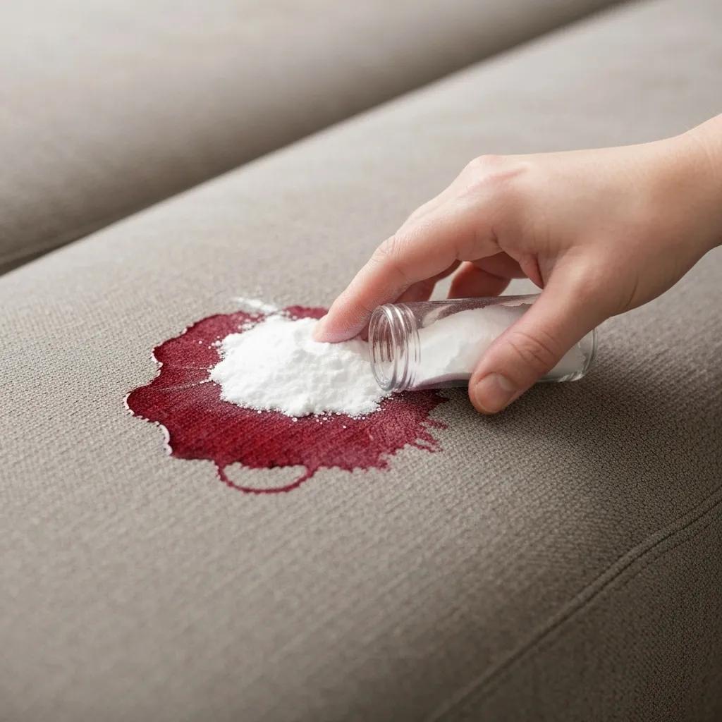 Hand applying baking soda and vinegar to a red wine stain on a fabric sofa, demonstrating DIY cleaning methods