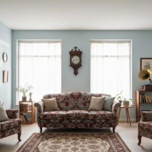 Living room with a stained sofa and cleaning supplies, illustrating furniture stain removal methods