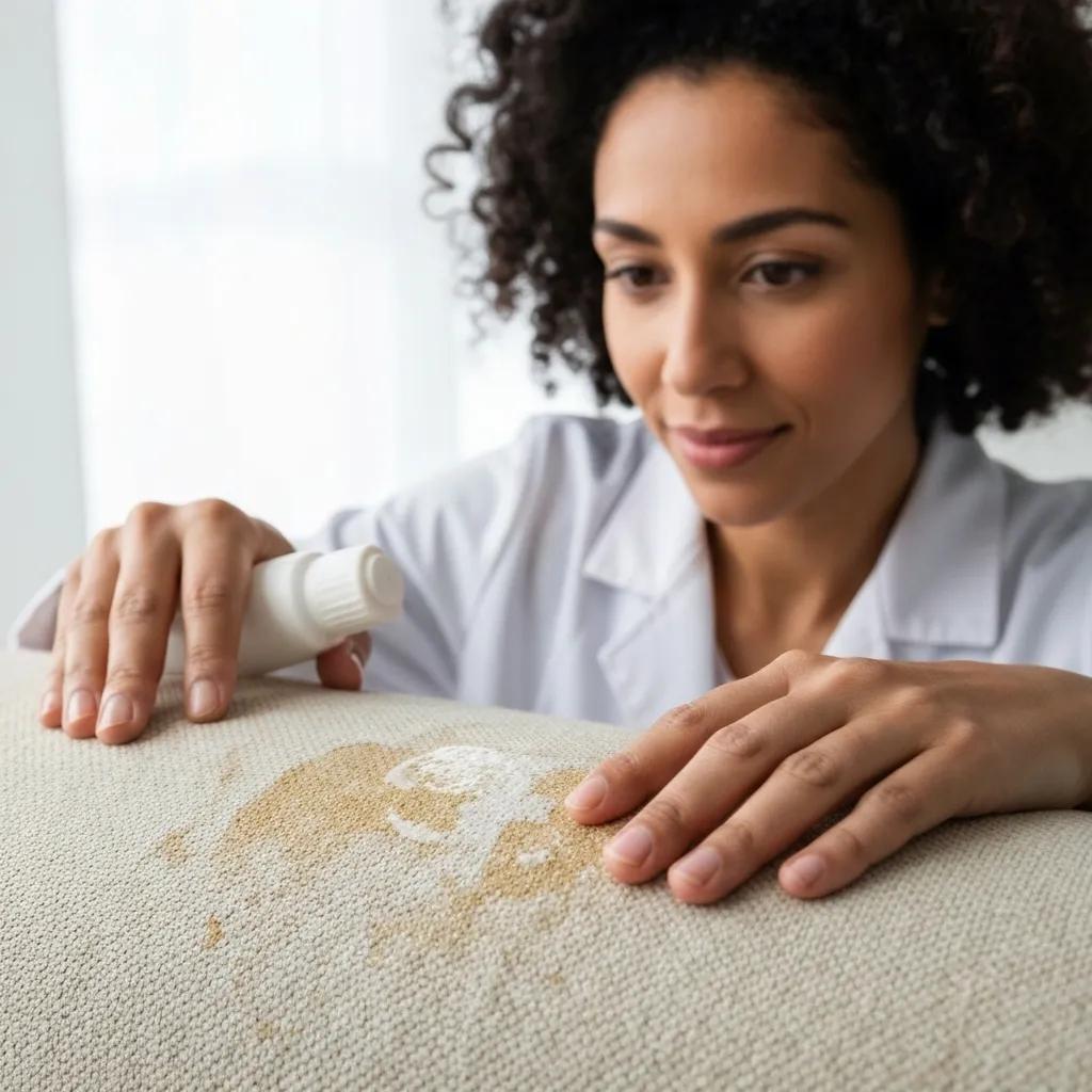 A technician meticulously treating upholstery stains with specialized cleaning solutions in a professional setting