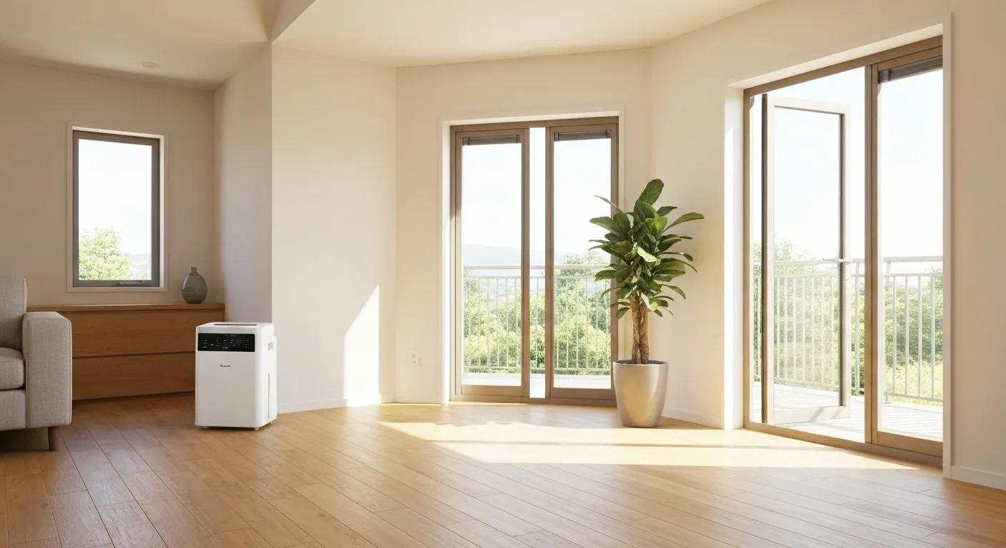 Living room with open windows and a dehumidifier, demonstrating strategies to prevent mold and mildew in humidity