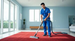 Professional carpet cleaning technician using eco-friendly equipment in a bright Miami home