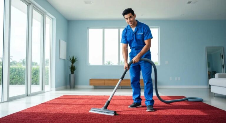 Professional carpet cleaning technician using eco-friendly equipment in a bright Miami home