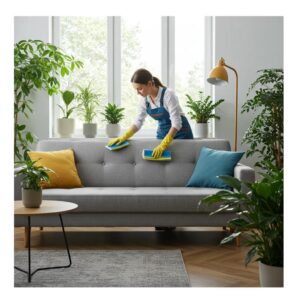 Professional cleaner using plant-based products on upholstery in a bright Miami living room