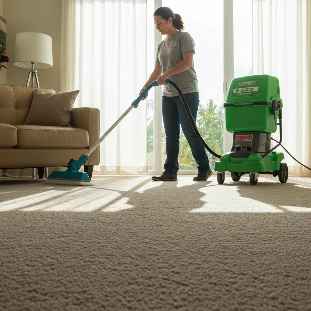 Eco-friendly carpet cleaning products surrounded by plants, emphasizing health and environmental responsibility
