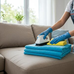 Professional sofa cleaning in a bright Miami living room, emphasizing eco-friendly methods and comfort