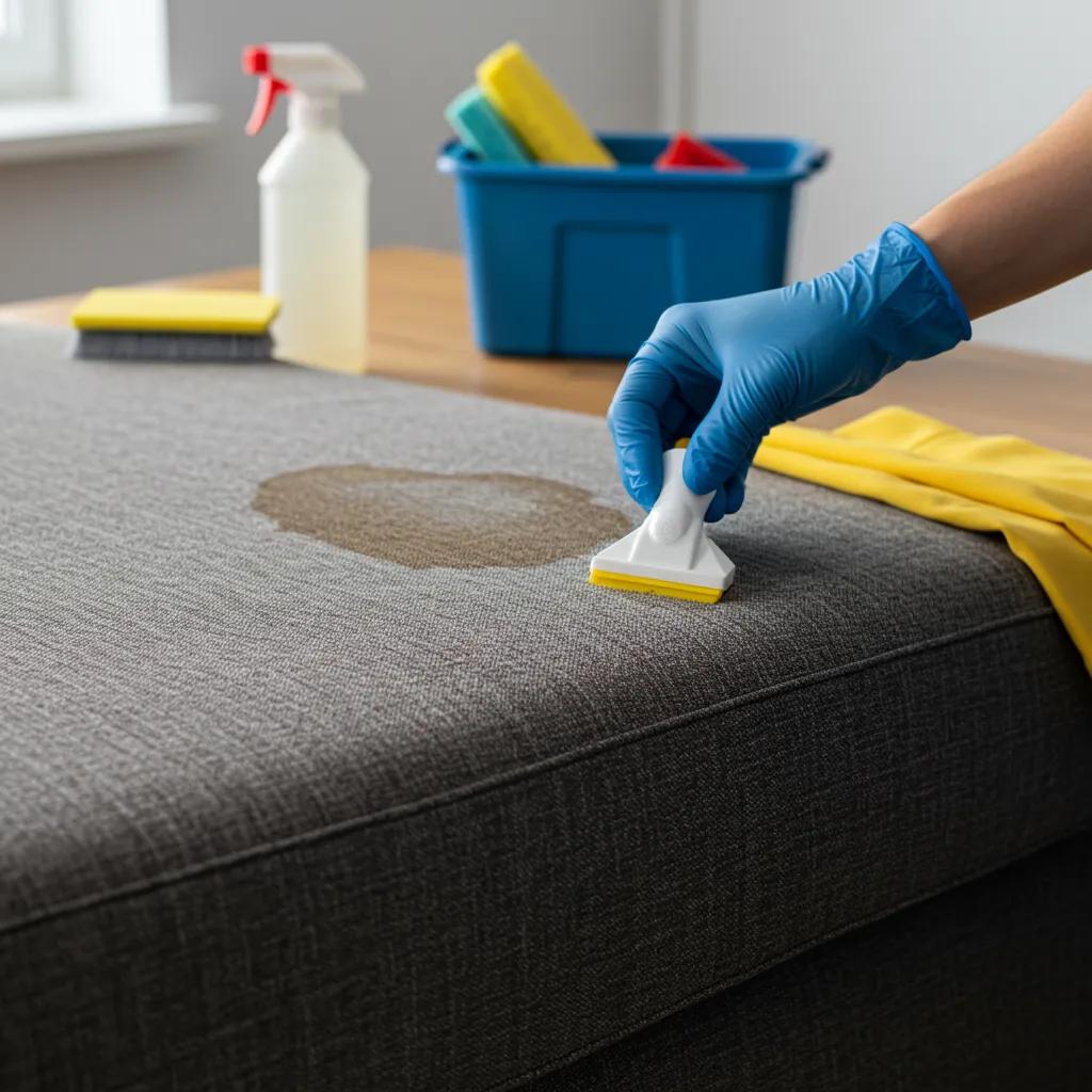 Zellar Cleaning technician applying advanced stain removal treatment to a sofa, demonstrating professional techniques and tools