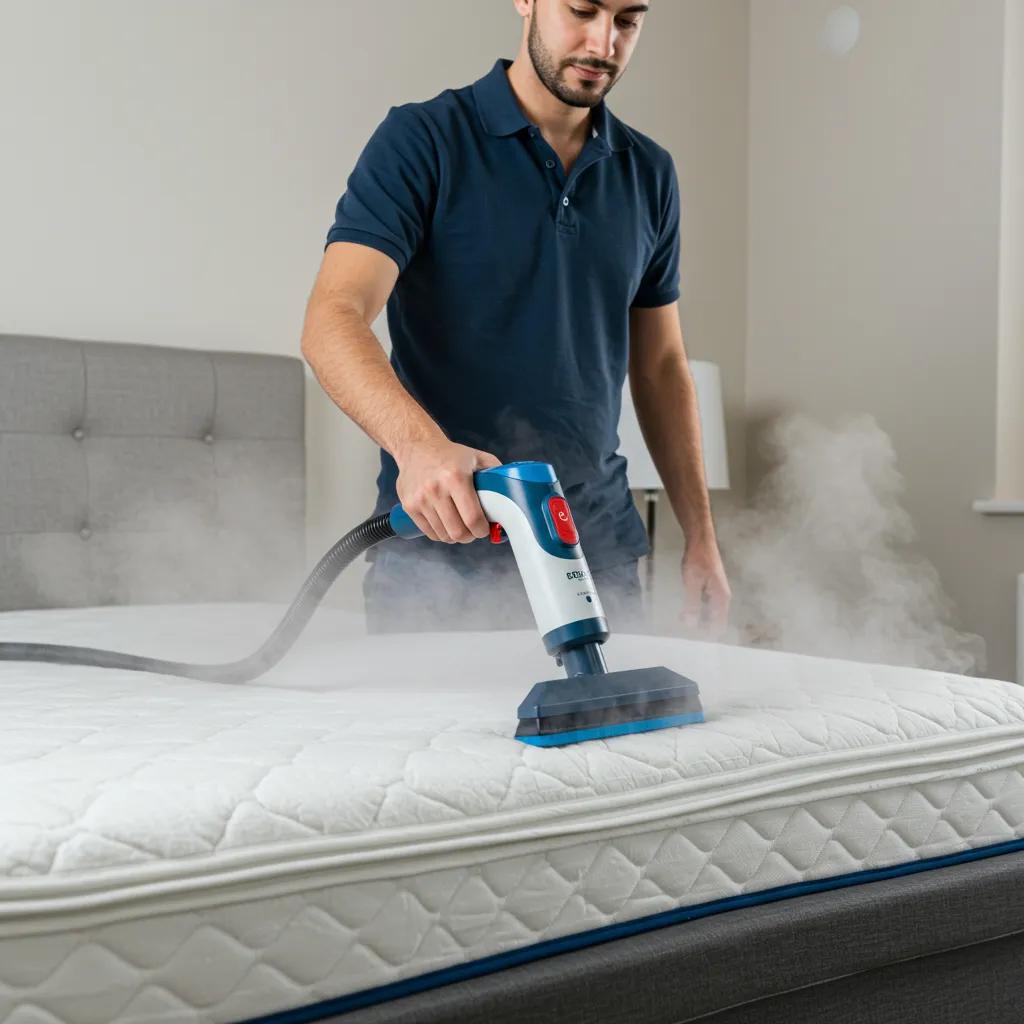 Zellar Cleaning technician expertly deep cleaning a mattress with advanced steam equipment