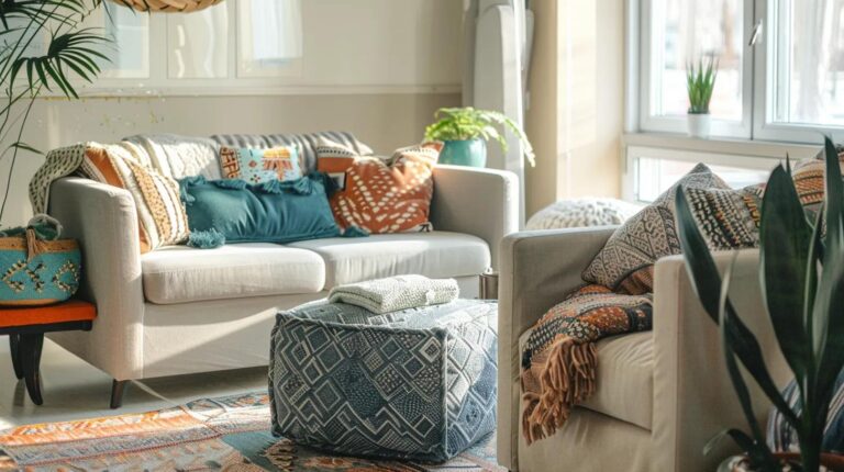 Cozy living room with various fabric chairs showcasing different textures and colors