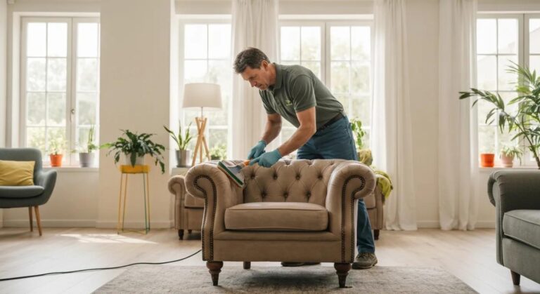 Technician cleaning an upholstered chair in a bright living room — eco-friendly, non-toxic methods