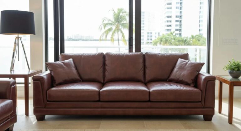 Well-maintained leather sofa in a sunlit Miami living room, highlighting the value of proper leather care