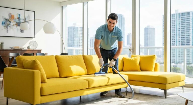 Technician cleaning upholstery in a bright Miami living room using non-toxic products
