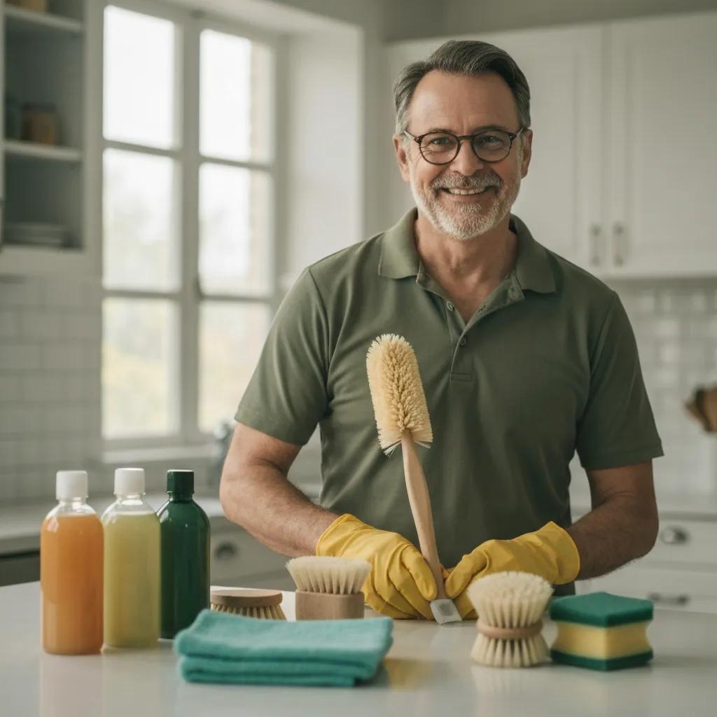 Zellar Cleaning's eco-friendly products and tools arranged in a professional setup