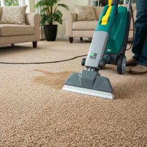 Zellar Cleaning professional using eco-friendly products to expertly remove stains and odors in a vibrant Miami home