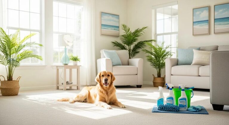 Clean carpet in a sunny Florida living room with a dog and pet-safe cleaning products