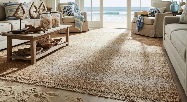 Coastal living room carpet showing wear from sand and salt, demonstrating beach elements' impact on interiors