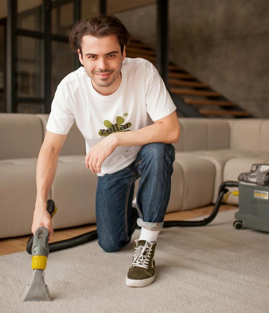 Professional cleaner using steam cleaning method on carpet in Miami home