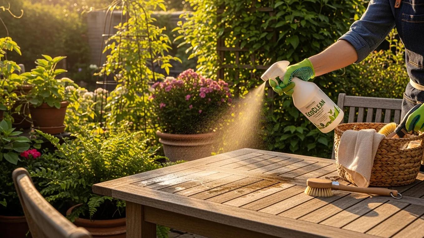 Biodegradable cleaning products being used in a garden, emphasizing environmental safety and sustainability