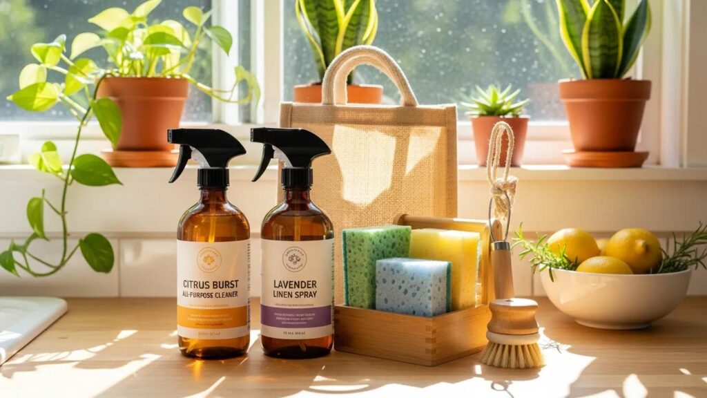 Eco-friendly cleaning products displayed in a bright kitchen, highlighting natural ingredients and sustainability