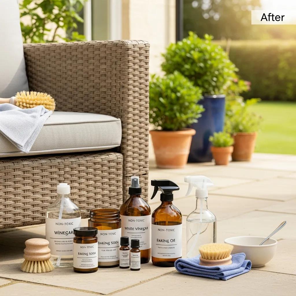 Bottles of eco-friendly cleaning products used on outdoor furniture