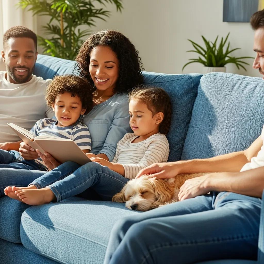 Family relaxing on a freshly cleaned sofa in a healthy, bright living room