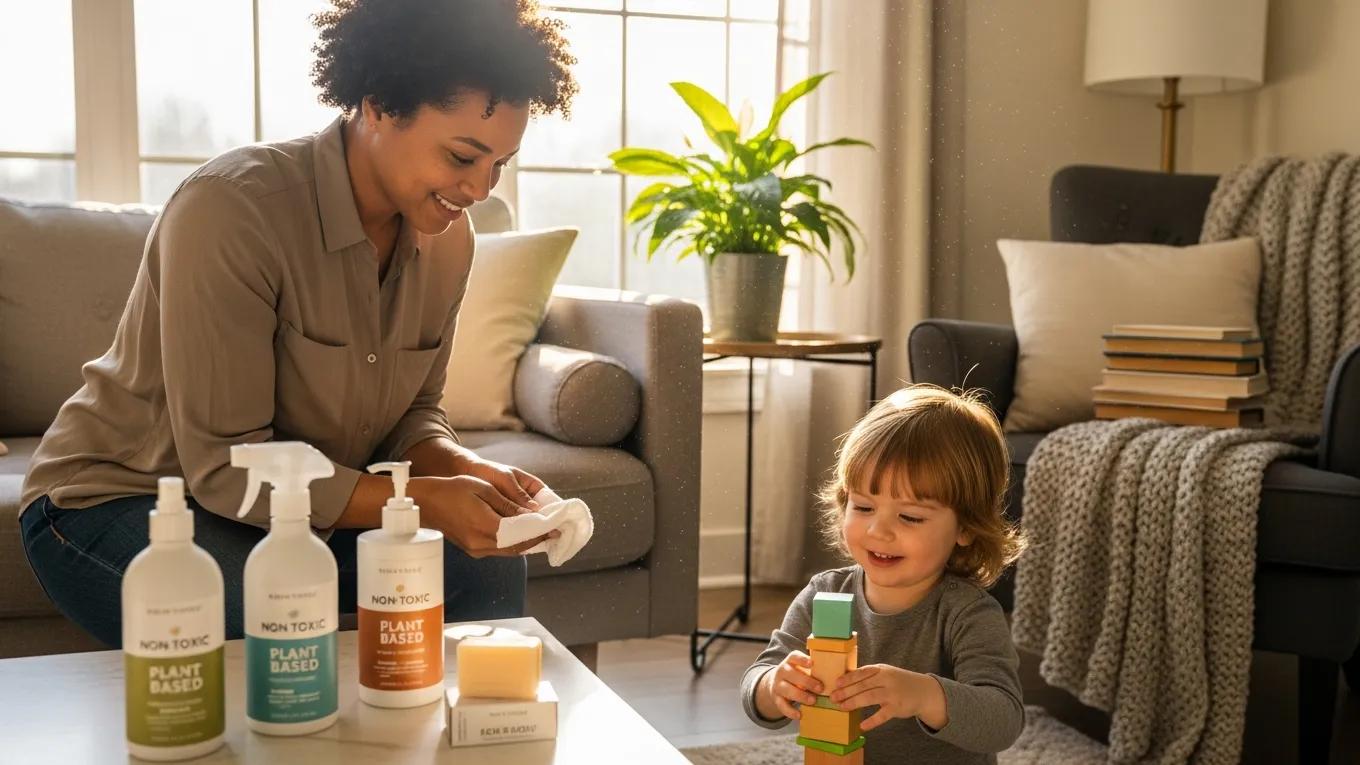 Family using non-toxic cleaning products in a safe and healthy living room environment