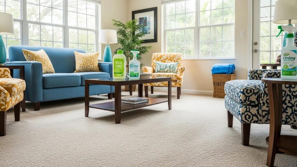Living room in Miami with a well-maintained carpet and eco-friendly cleaning products