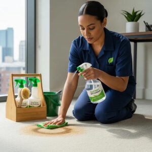 Technician cleaning floor with eco-friendly solution during house cleaning service in Miami