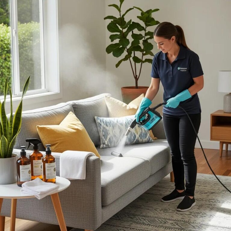 Technician vacuuming sofa during professional upholstery cleaning service in Miami